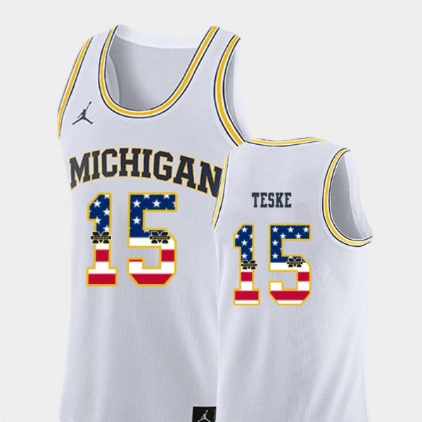 University of Michigan #15 Mens Jon Teske Jersey White College Basketball USA Flag Alumni